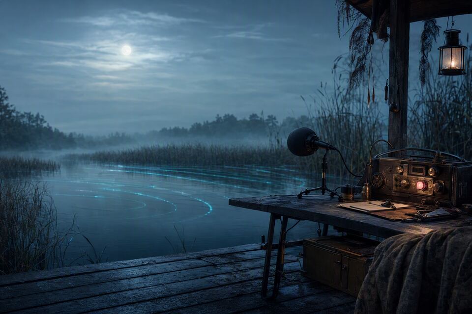 A microphone at a moonlit wetland field station, with turquoise sound ripples crossing the water